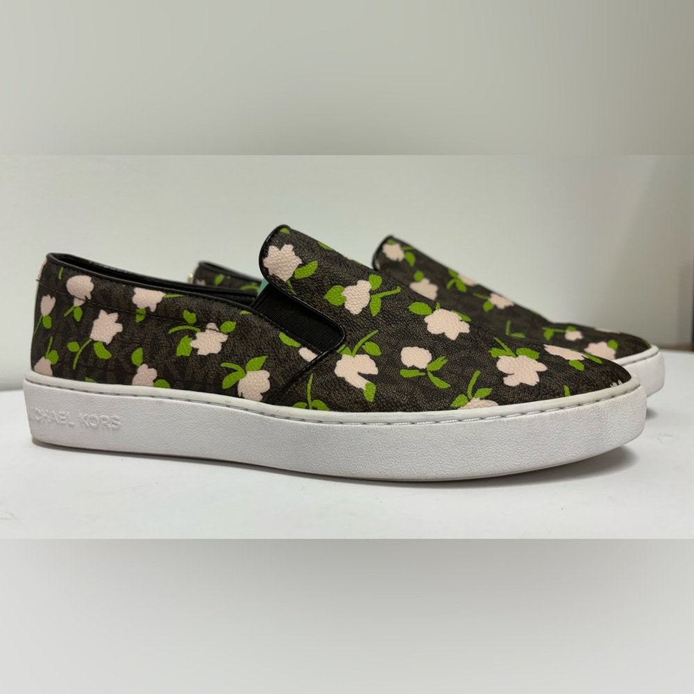 MICHAEL KORS Keaton Brown Pink Floral Signature Slip On Sneakers Women’s 8.5